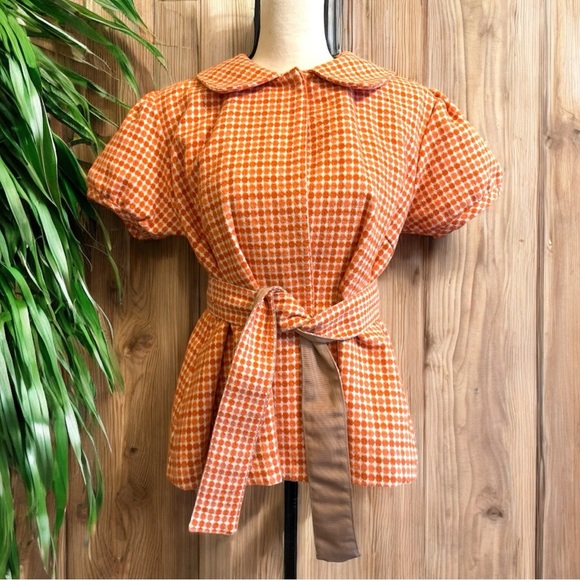 HARVEYS BOUTIQUE Orange Houndstooth Short Sleeve Belted Jacket - Medium - Picture 1 of 13